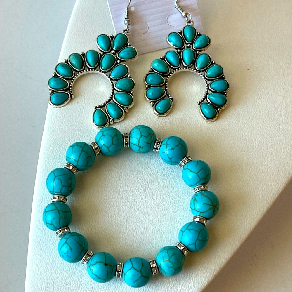 Turquoise Teal Blue Bracelet Earrings Dangle Drop Jewelry Set 2Pc